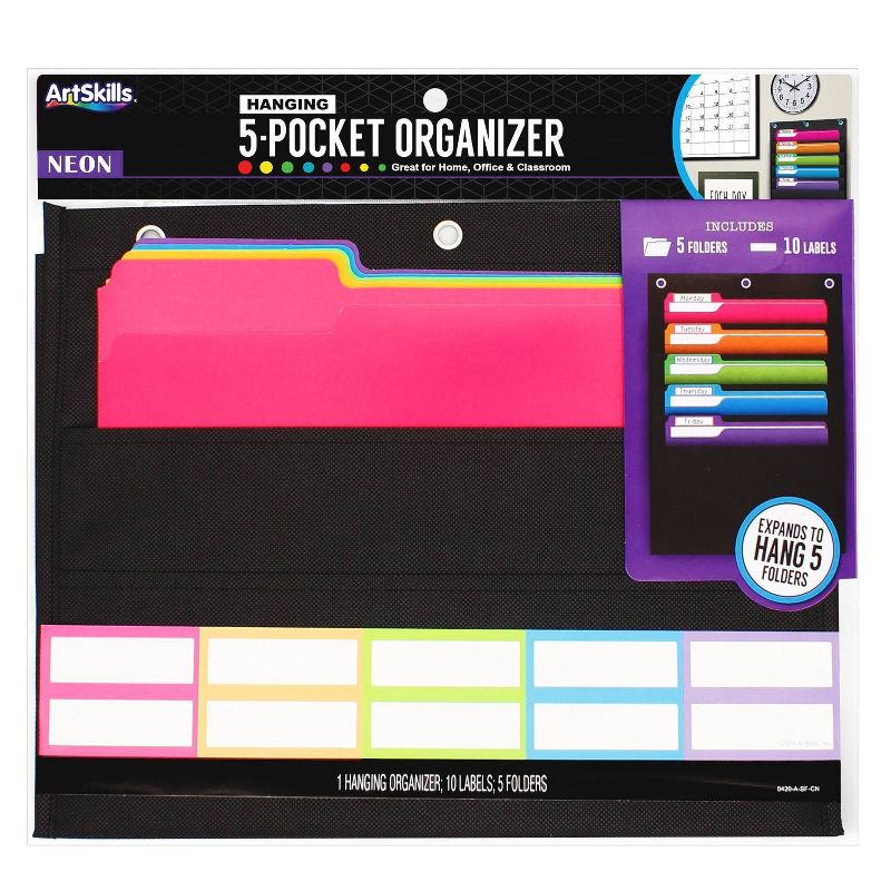 ArtSkills 5 Pocket Hanging Organizer with Labels & Folders - Neon