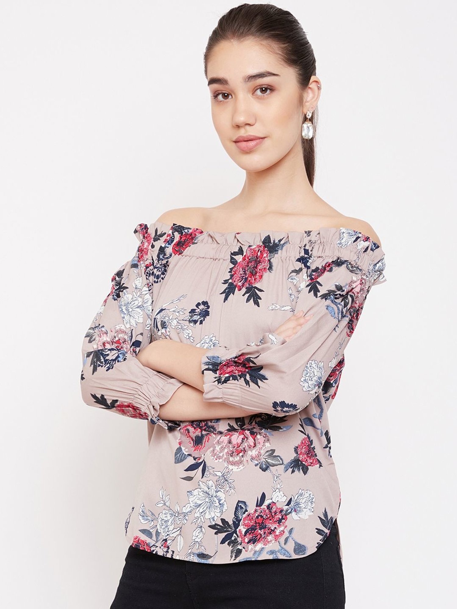 PURYS Brown Floral Print Top