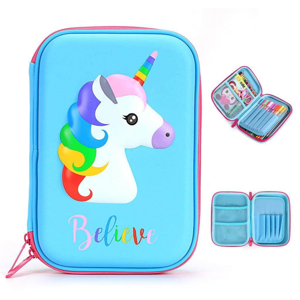 BTSKY Cute Unicorn Hard Shell Pencil Case- Large EVA Colored Pen Holder Box With Compartments Girls Cosmetic Pouch Bag Stationery Organizer(Blue)