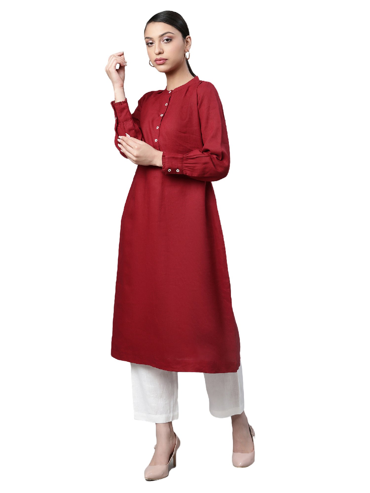 Linen Club Woman Maroon A Line Kurta