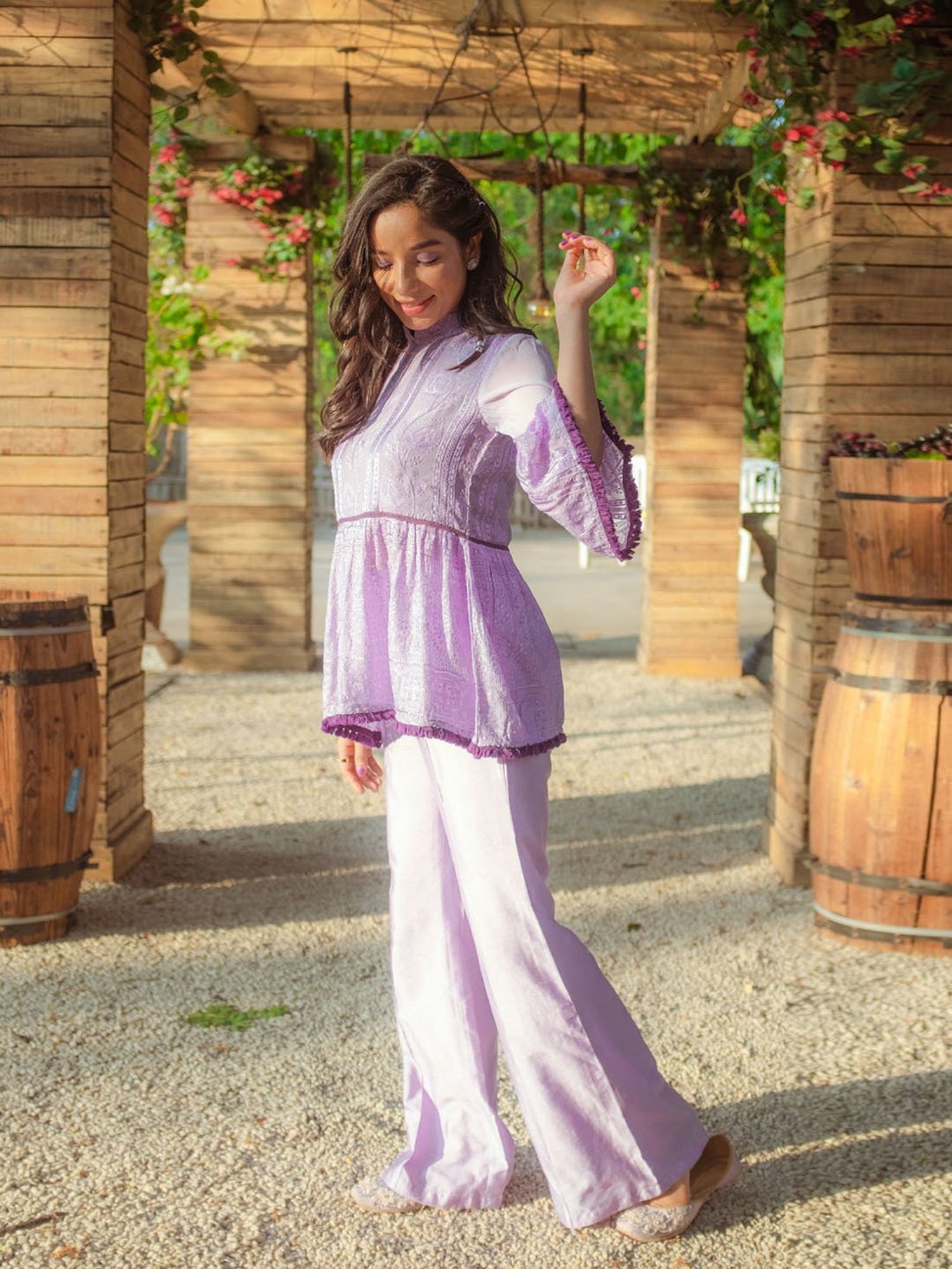 Monk and Mei Nazm Flared Chikankari Top & Pants- Veryperi Violet