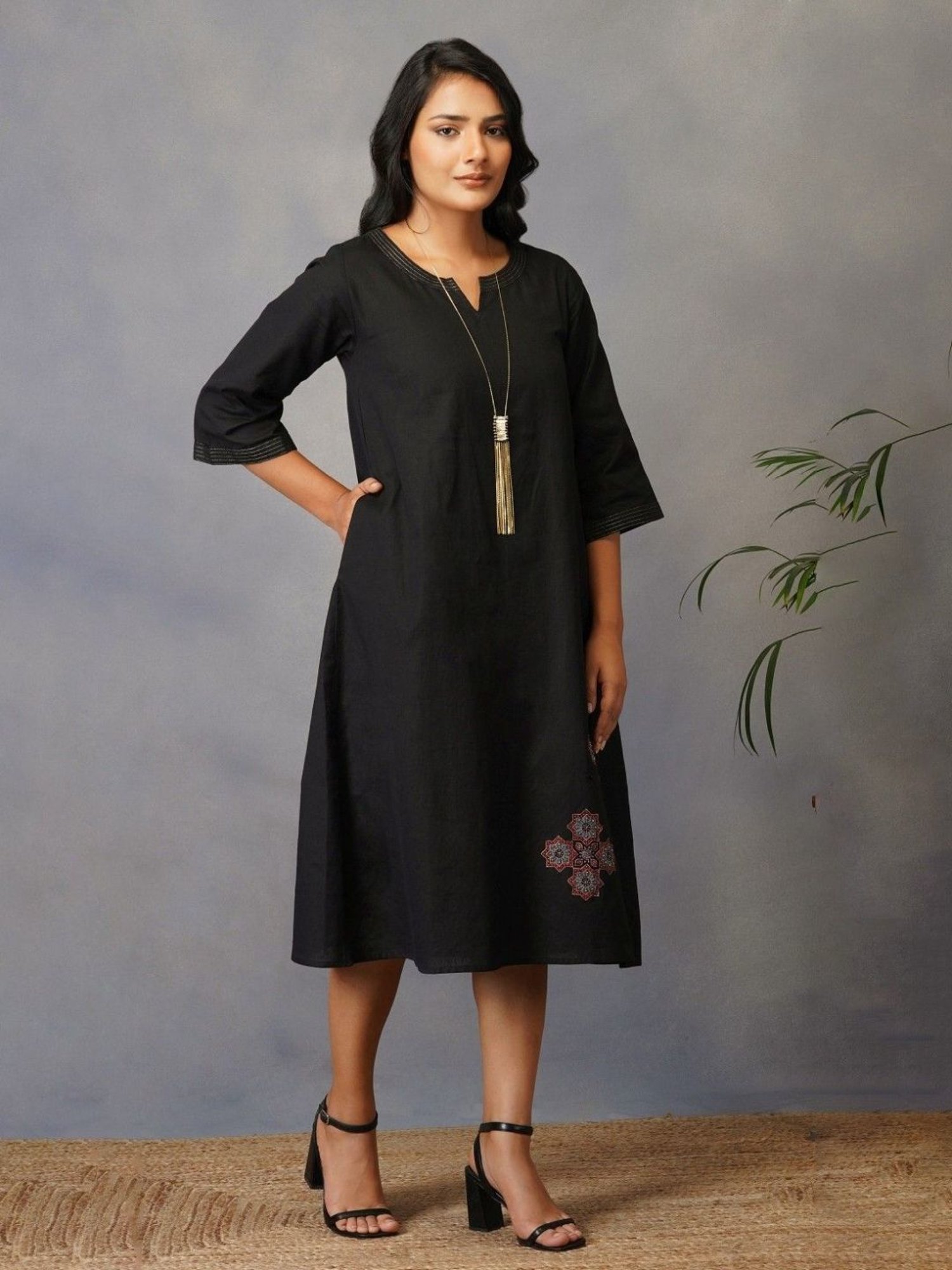 Akiso Bakhair Black A Line Dress With Handblock Ajrak Patch Work