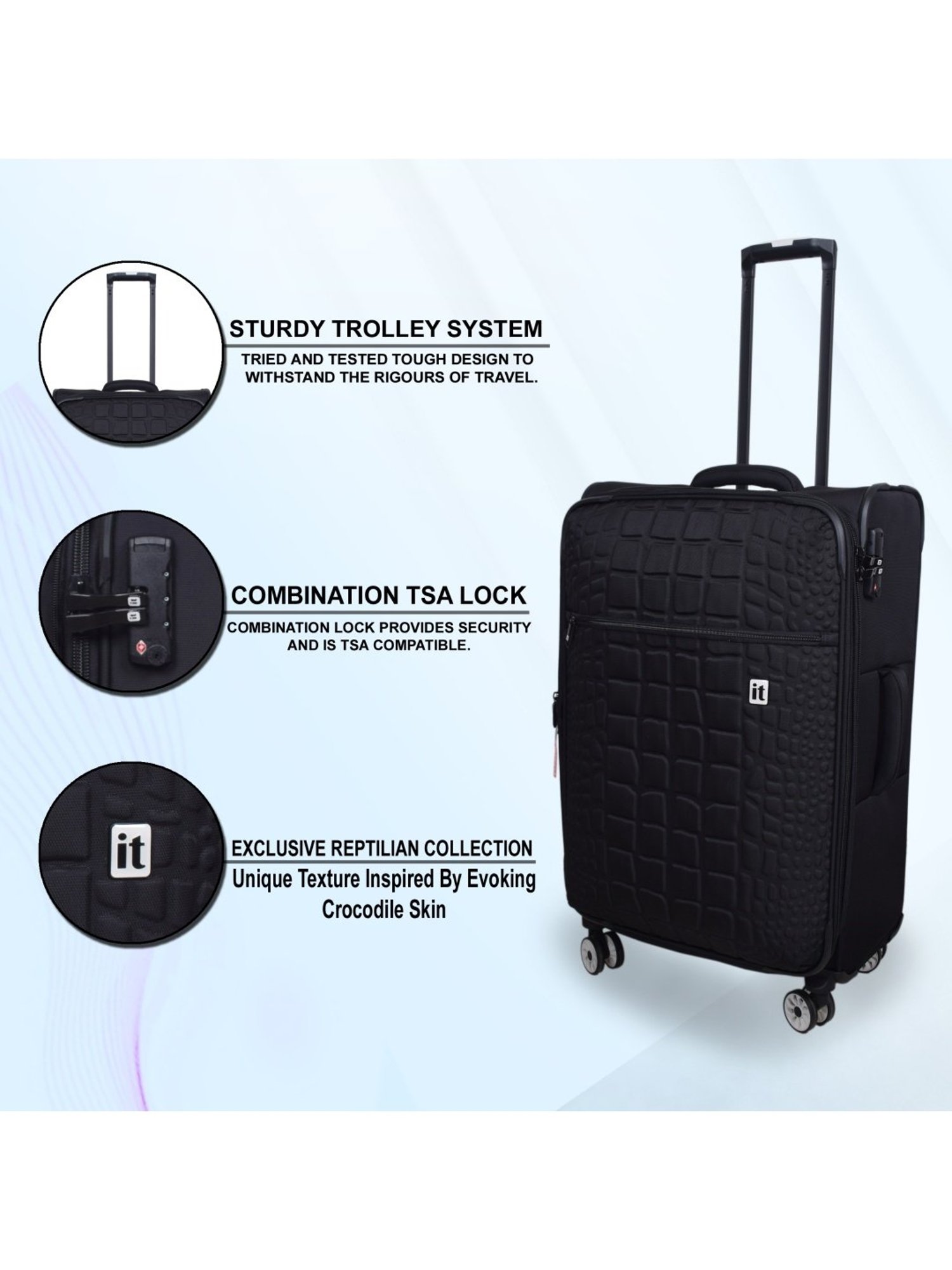 it luggage Reptilian Black 8 Wheels Small Soft Cabin Trolley Bag