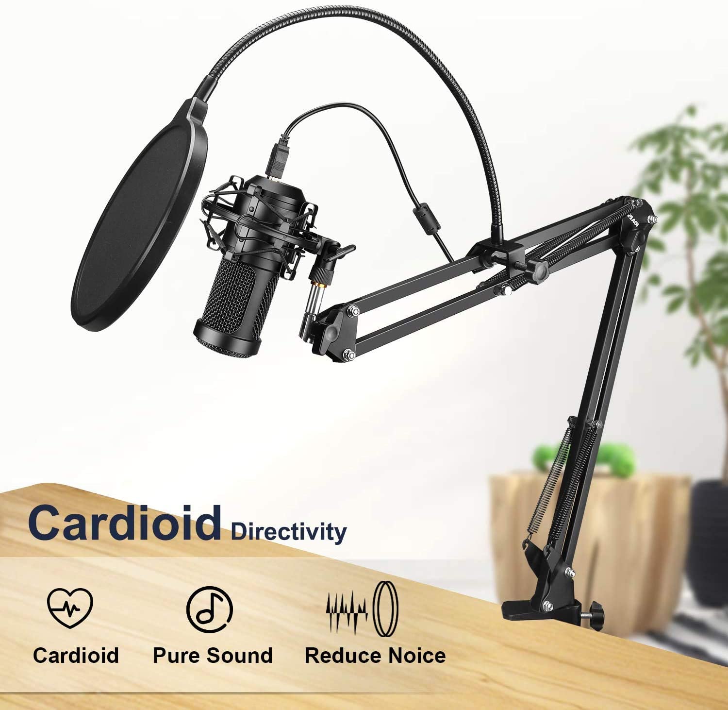 Professional USB Streaming Podcast PC Microphone with AK-35 Suspension Scissor Arm Stand, Shock Mount, Pop Filter, Foam Cover, for Skype, Youtuber, Karaoke, Gaming, Recording, Discord