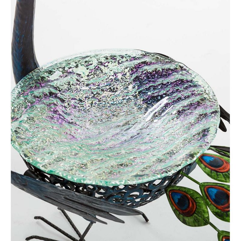 Wind & Weather Vibrant Metal Peacock Birdbath with Glass Bowl