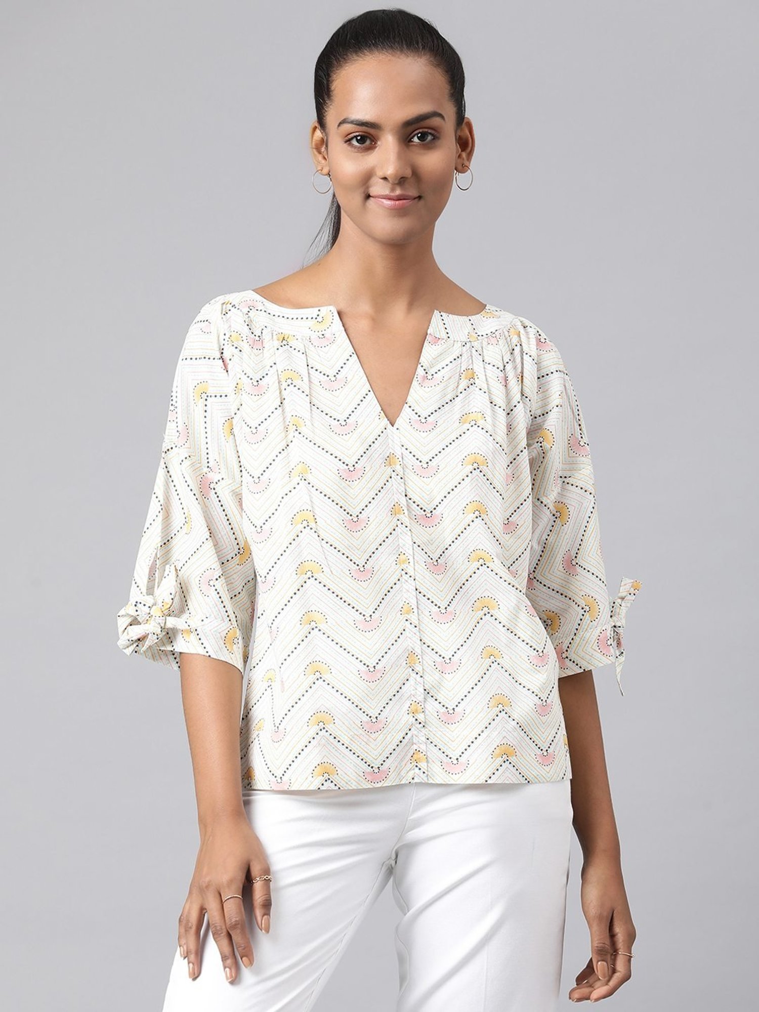 Fabindia White Cotton Printed Top