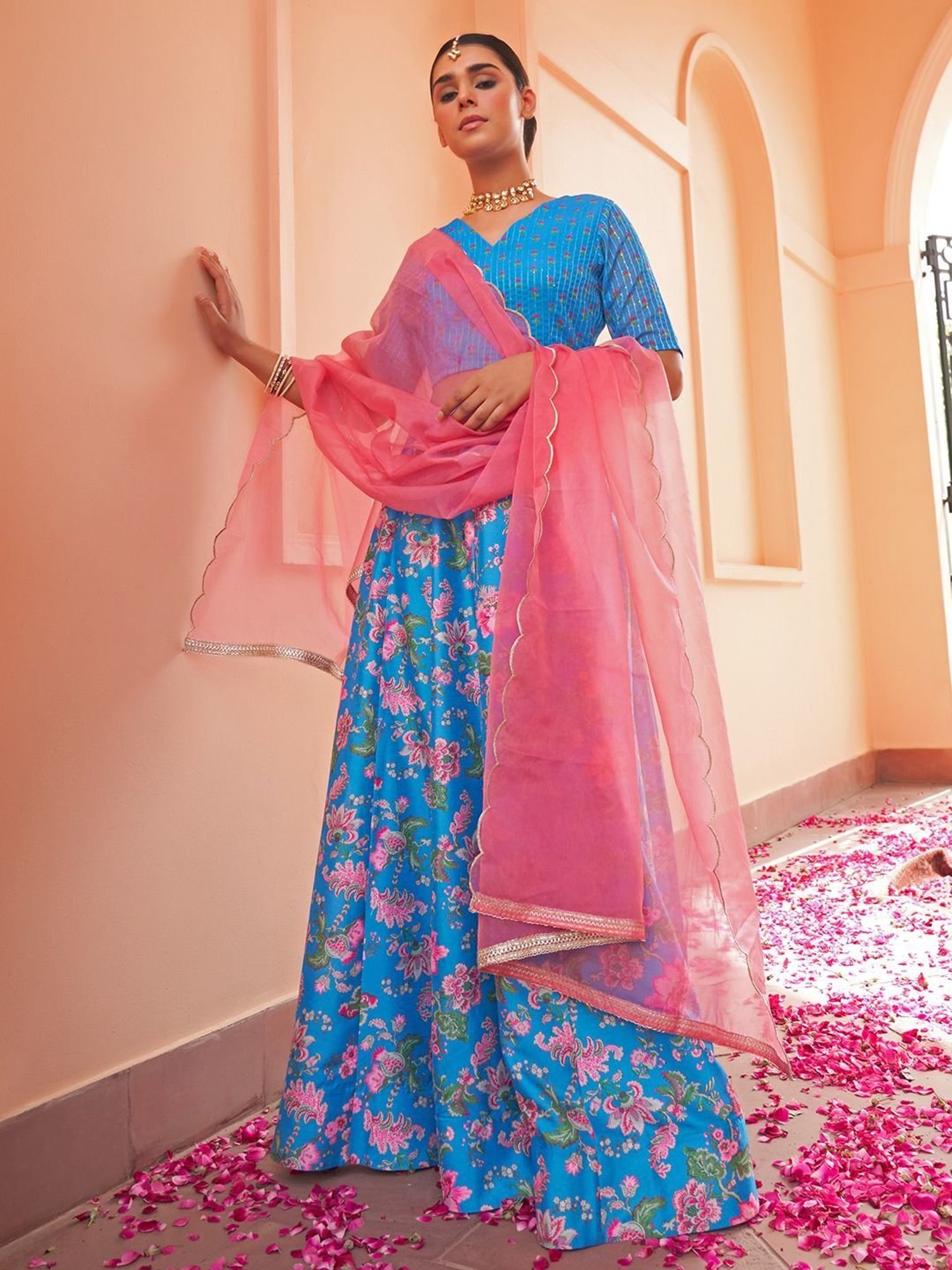 Janasya Blue & Pink Floral Printed Lehenga Choli Set With Dupatta