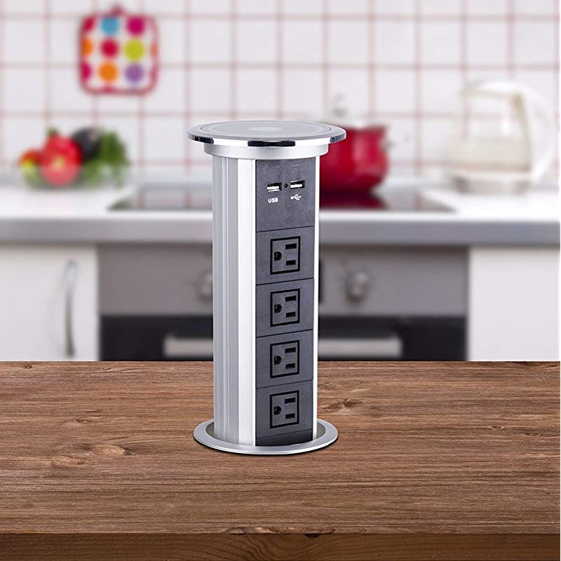 Intelligent Motorised Pop Up Socket Surge Protector Power Strip Retractable Power Strip with Dual USB Charging Stations for Kitchen Counter, Conference Room (White)