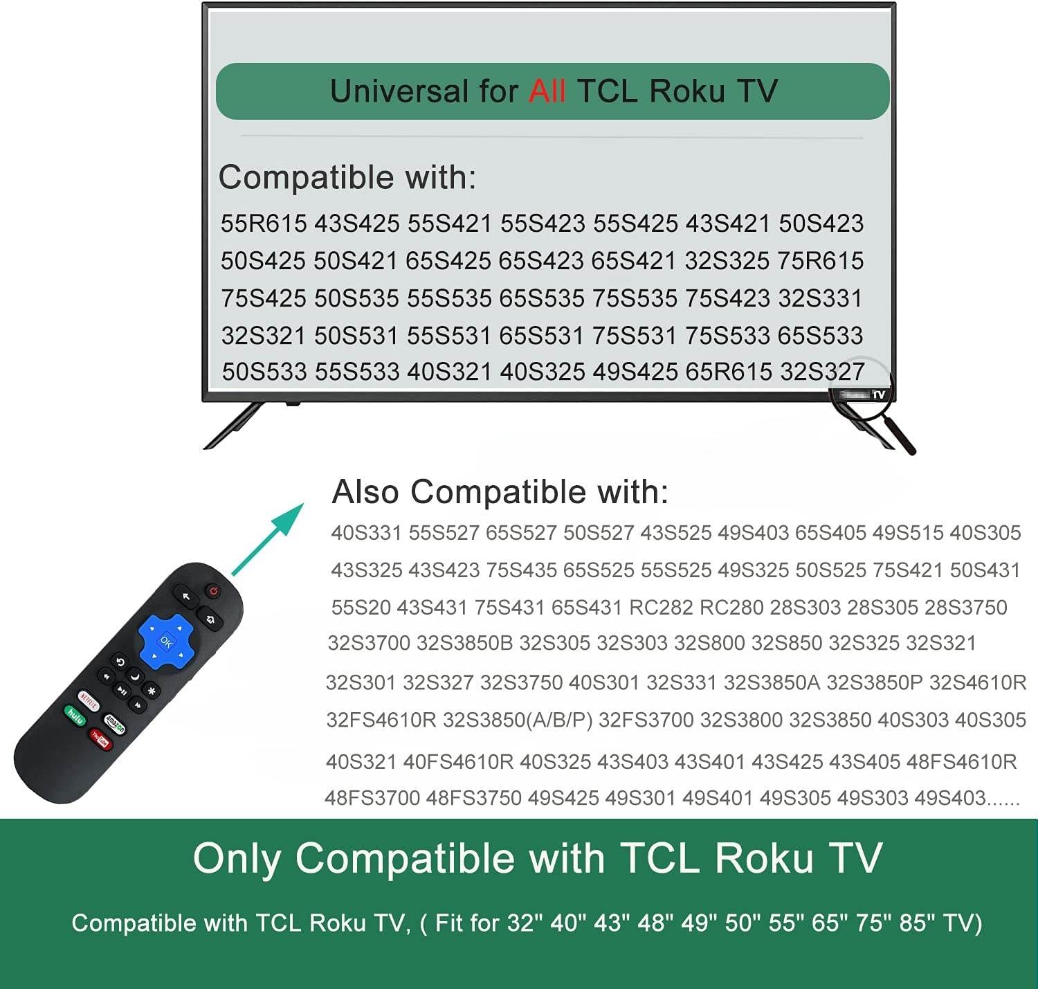 Replacement RC280 RC282 Remote Compatible with All TCL Roku TV Remote with Netflix, Amazon, Hulu, YouTube Channel Button (No Steup Required)