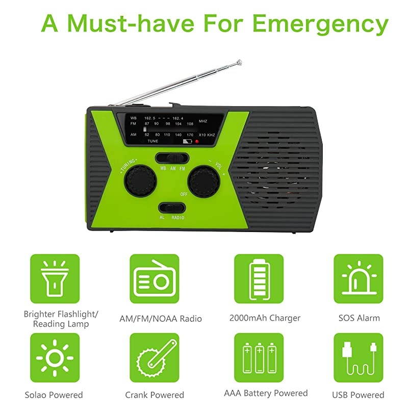 2020 Upgraded Emergency Solar Hand Crank Radio  Hand Crank AMFMNOAA Weather Radio with Flashlight Reading Lamp 2000mAh Power BankUSB Cell Phone Charger and SOS Alarm