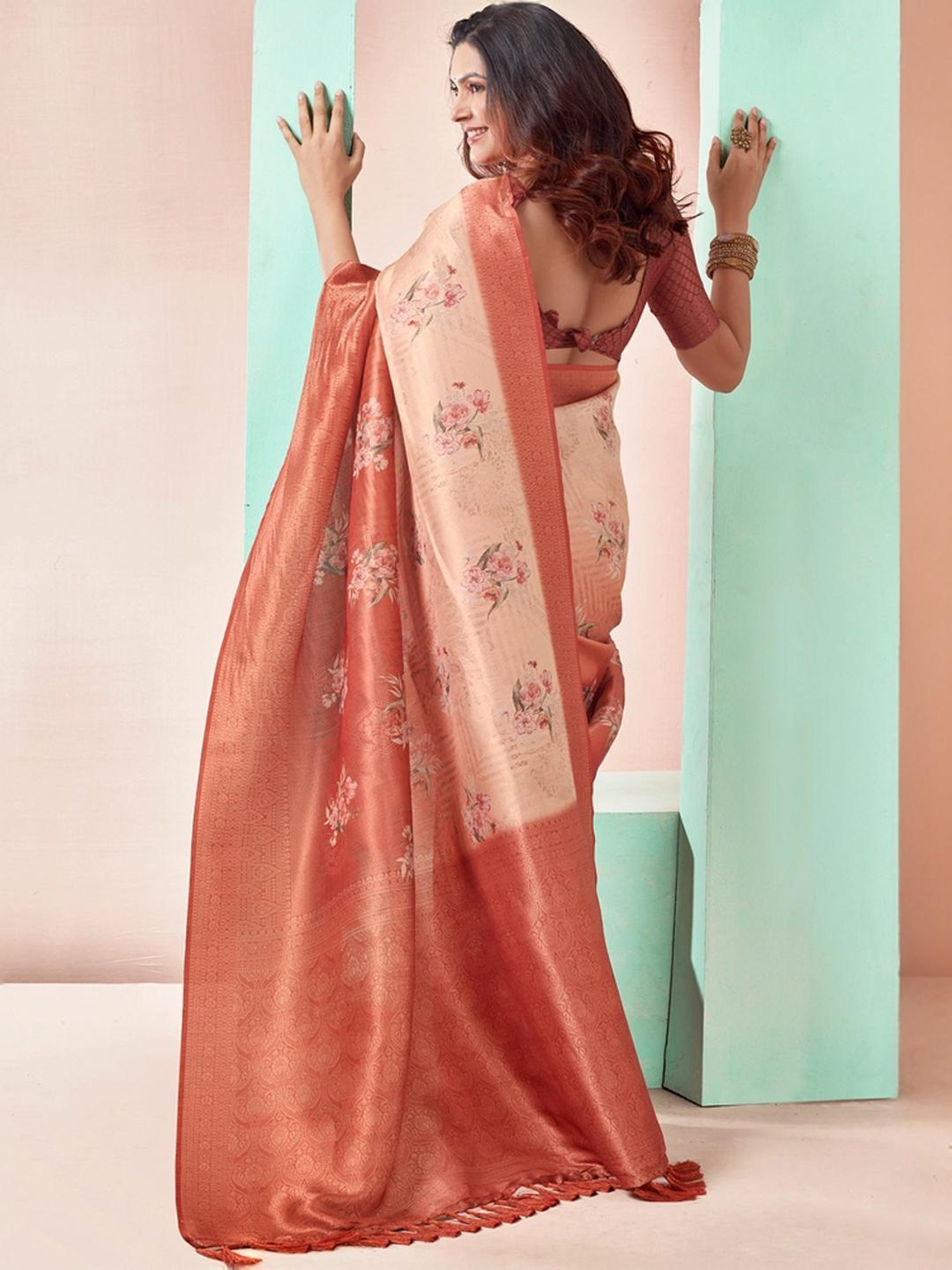 Satrani Beige & Rust Woven Saree With Unstitched Blouse