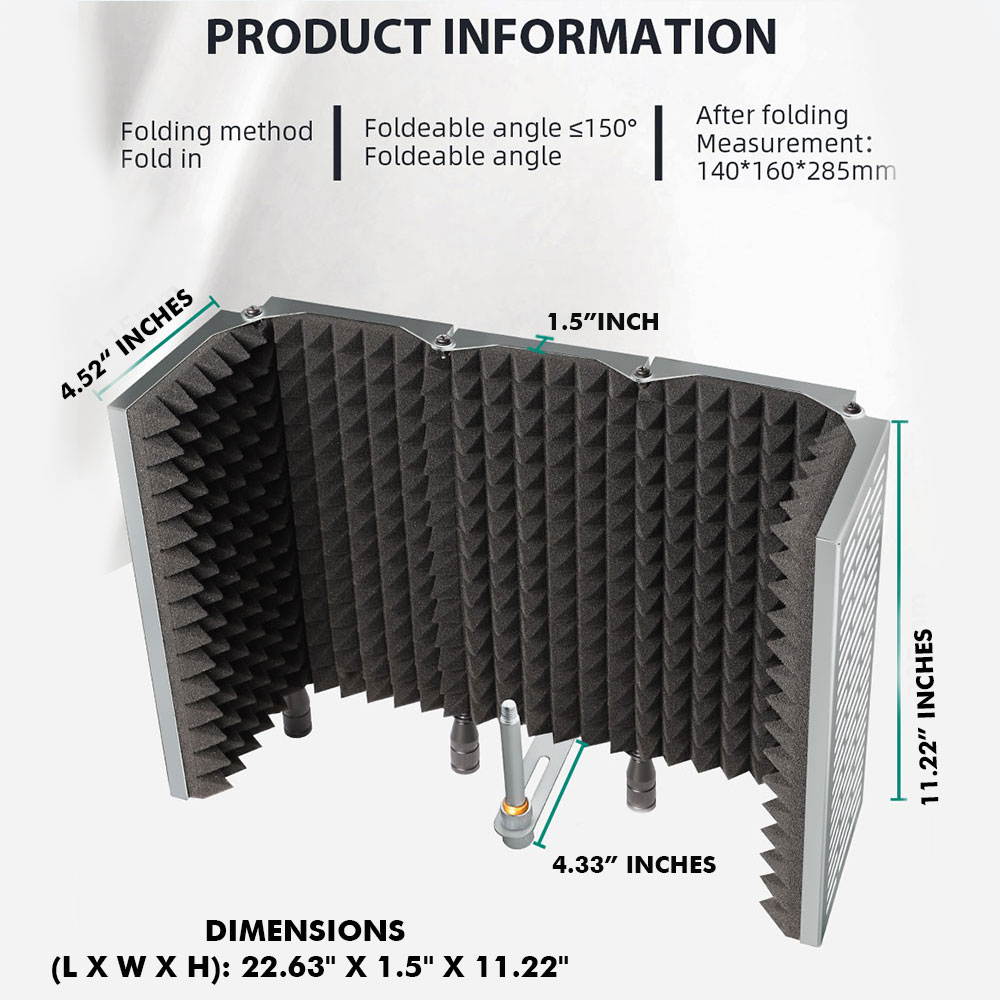 Technical Pro Portable and Foldable 5-Panel Professional Vocal Isolation Reflection Sound Shield for Home Office and Studio Recording  (Silver Aluminum, Black Foam)