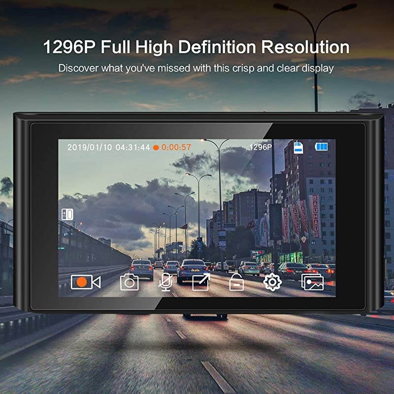 Cam for Cars 1296P FHD Camera Super Night Vision 3 Inch Touch Screen with Rearview Mirror Mount Suction Cup Mount Built-in G-Sensor Looping