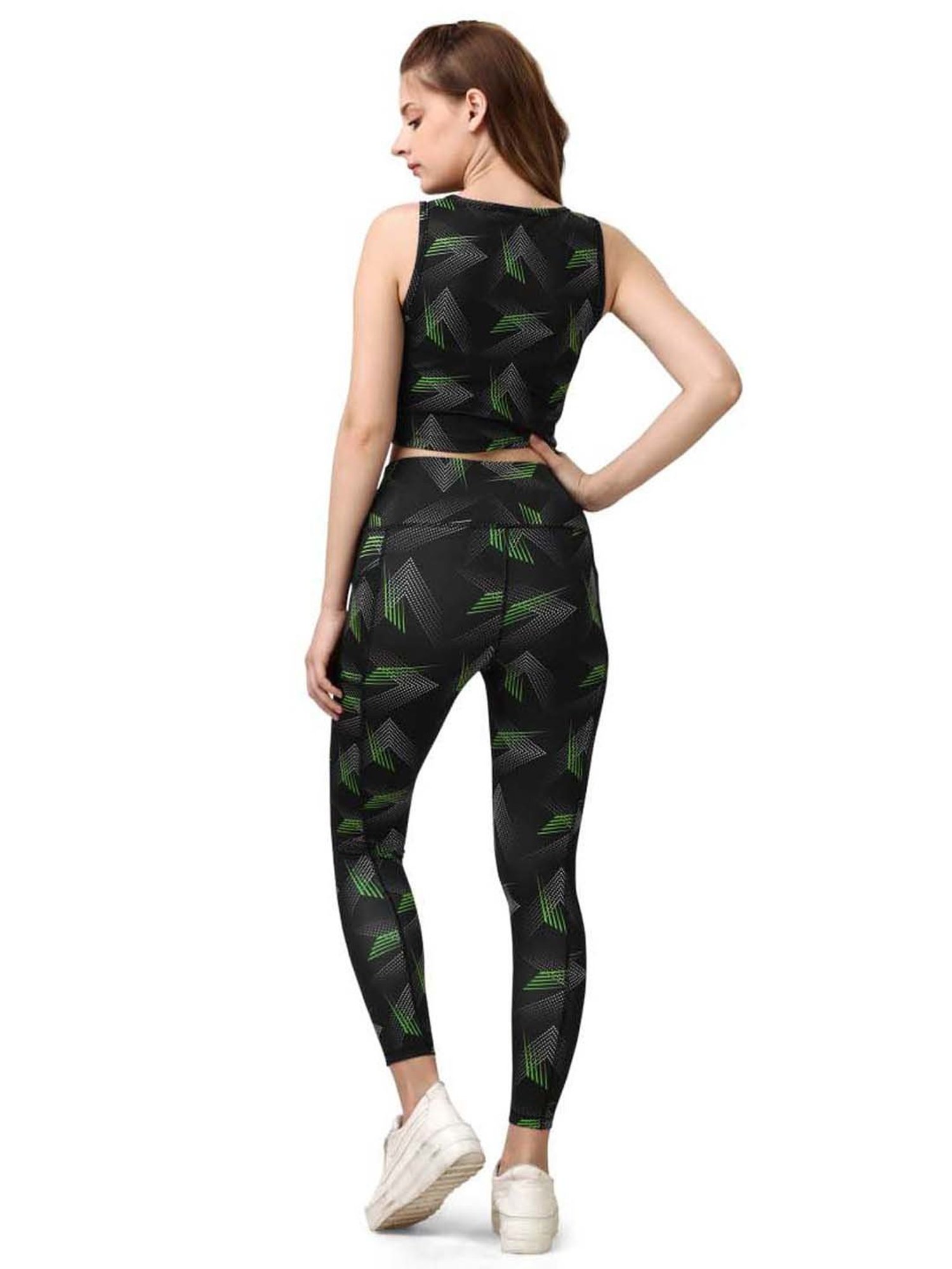 Soie Black Printed Sports Crop Top Tights Set