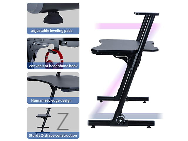 Home Office Gaming Desk Computer Desk Z-Shaped PC Desk Workstation with Carbon Fiber Surface and Headphone Hook,Black,GT21