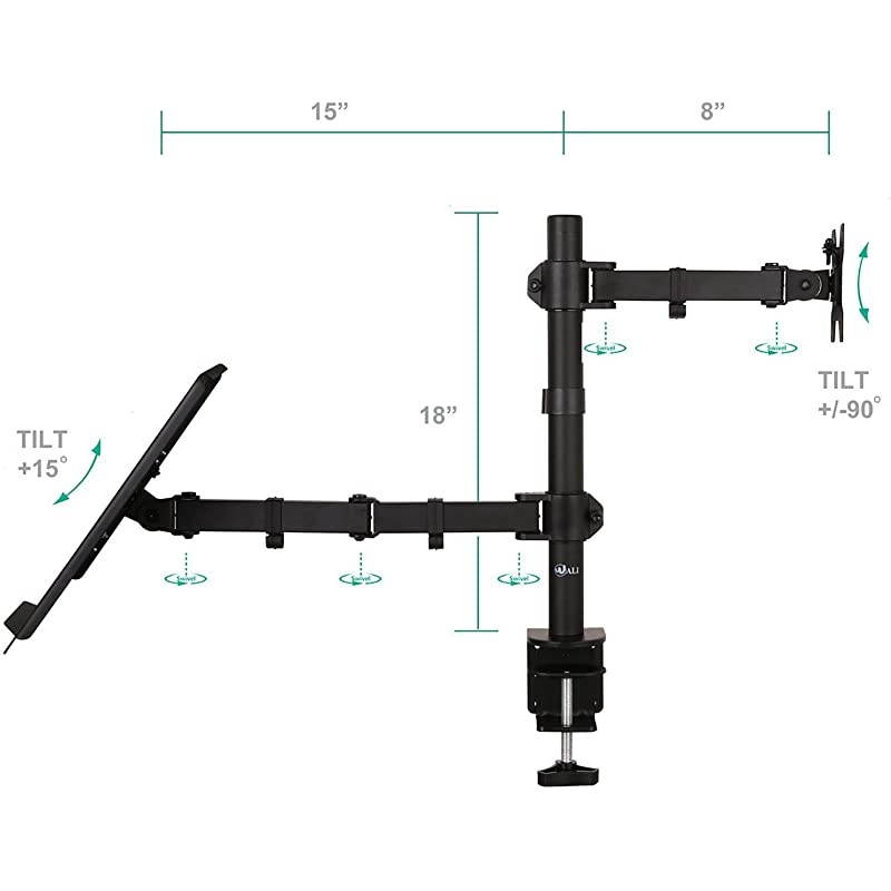 Single LCD Monitor Desk Mount Fully Adjustable Stand with Extra Laptop Tray for 1 Laptop Notebook up to 17 inch and 1 Screen up to 27 inch 22 lbs Weight Capacity M001LP Black