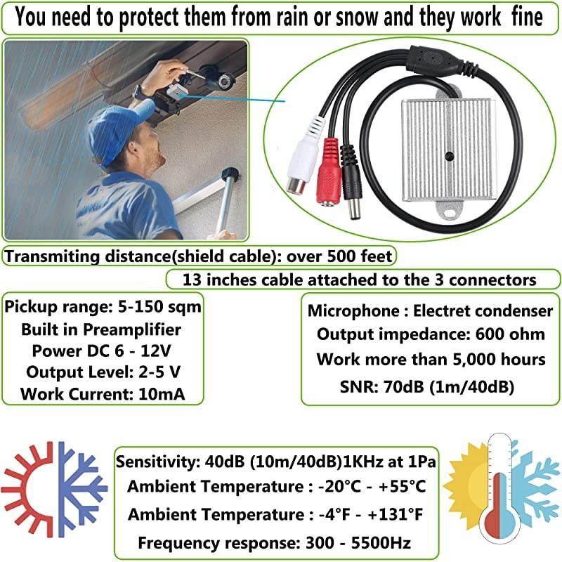Microphone Security Microphone Audio Outdoor Gift RCA Tiny Surveillance Microphone DVR High Sensitive Preamp Amplified Pickup Device Mic External Camera Sound Waterproof Best Metal Case