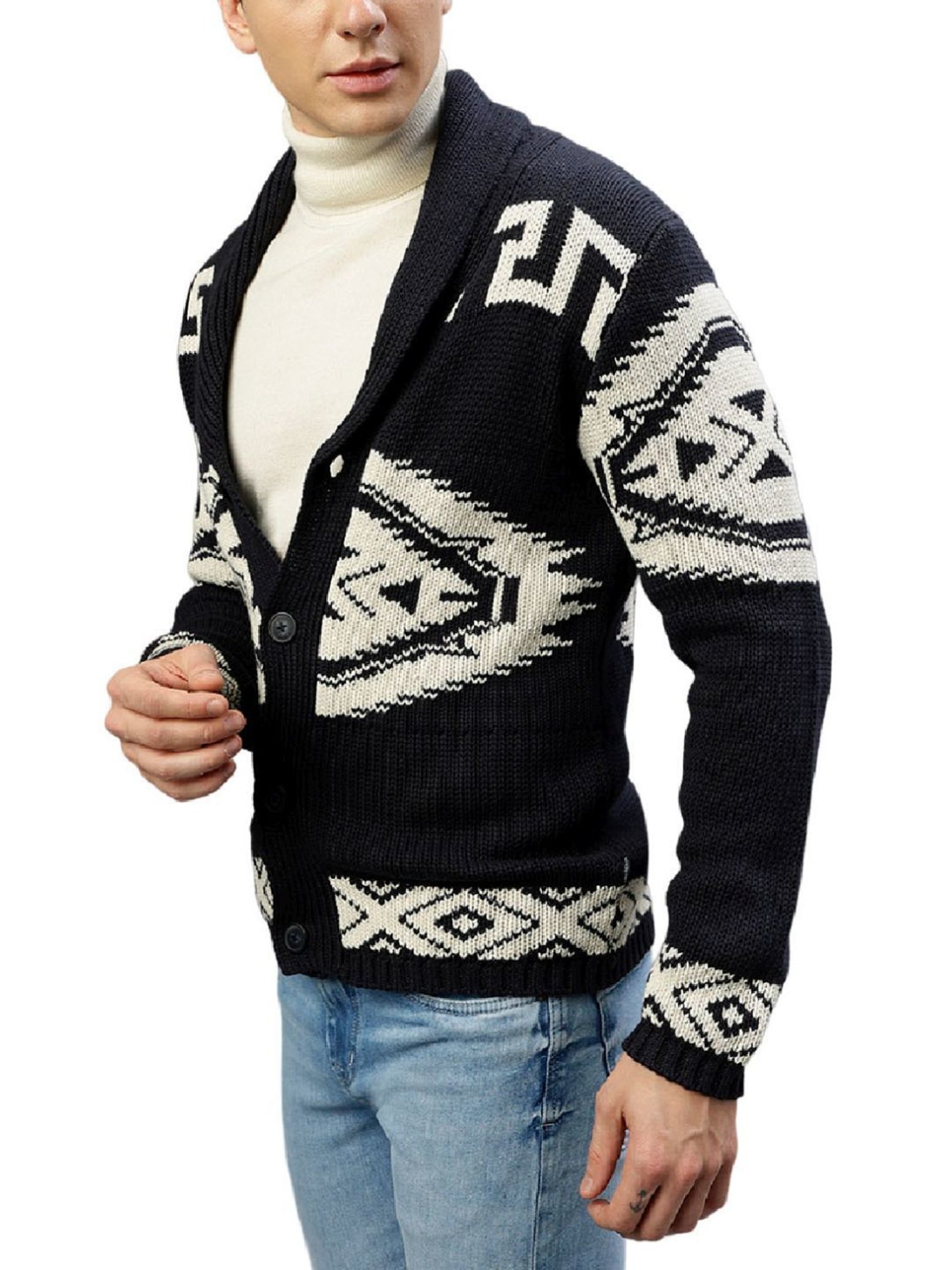 Lindbergh Navy Cotton Regular Fit Self Pattern Sweaters