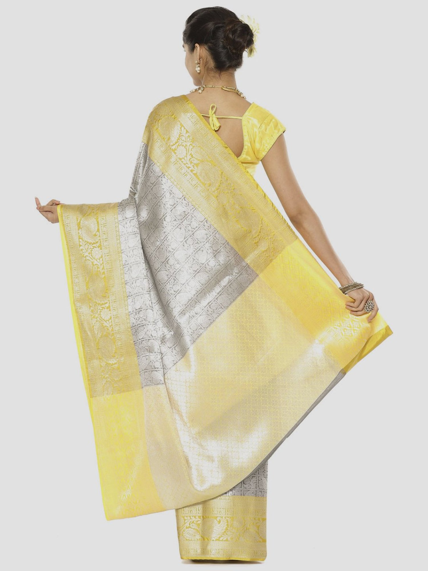 Banarasi Silk Works Grey & Yellow Woven Saree With Unstitched Blouse
