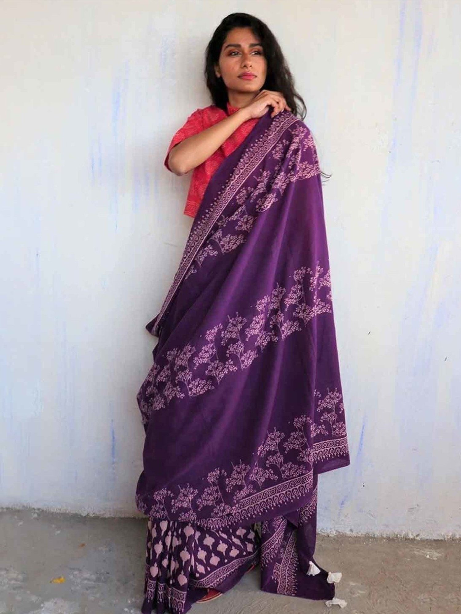 Chidiyaa Purple Block Printed Cotton Mulmul Saree - Butterfly Girls