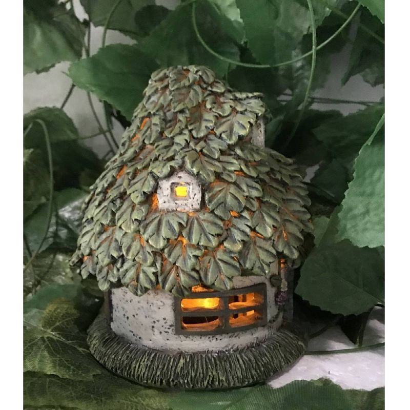 7" Polyresin Solar Fairy Garden Cottage with Leaf Roof and Light Green - Hi-Line Gift