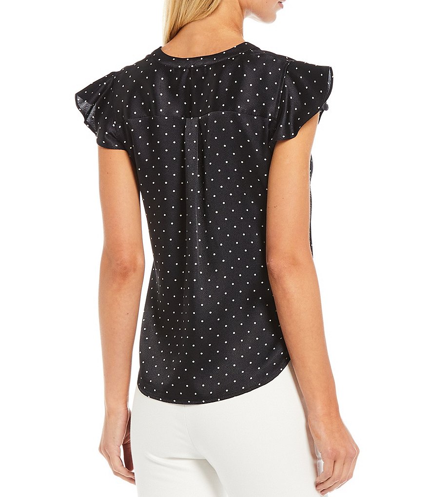 Calvin Klein Petite Size Polka Dot Crepe de Chine Band Split Neck Ruffle Cap Sleeve Blouse