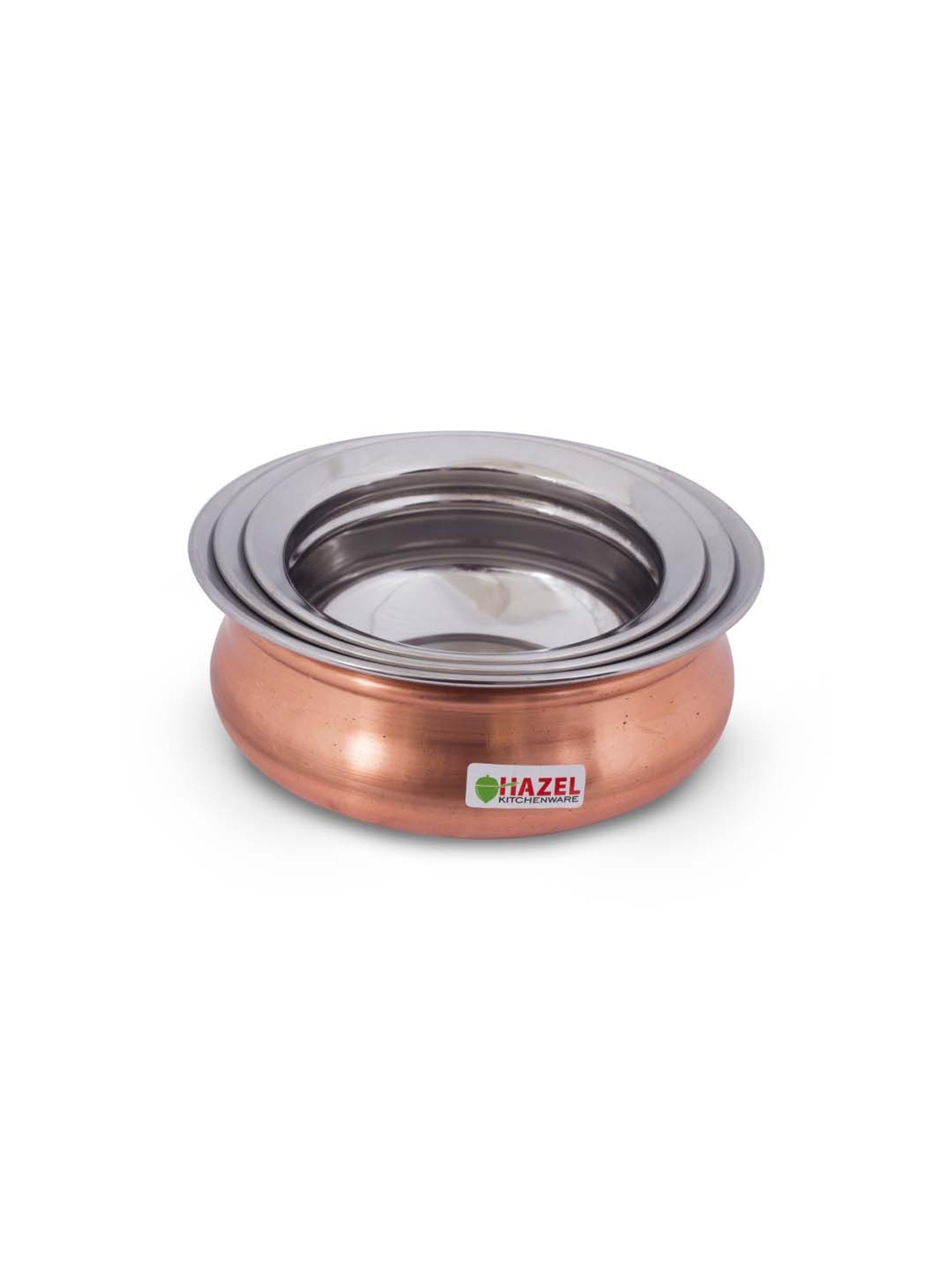 HAZEL Silver Stainless Steel & Copper Mini Handis (400 ml, 550 ml, 770 ml) - Set of 3