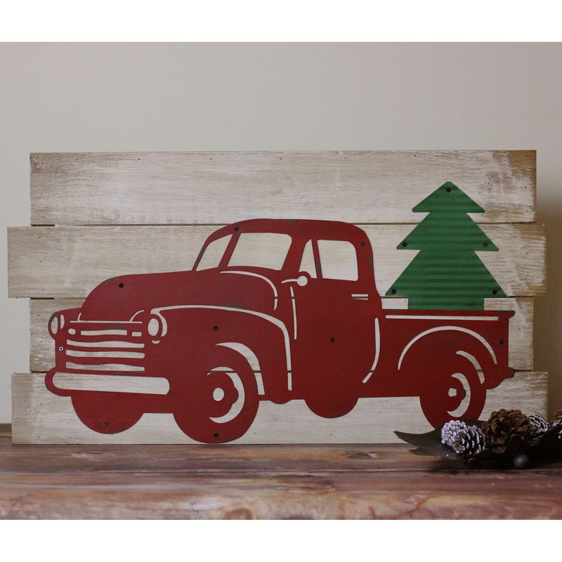 Raz Imports 28" Rustic Wood and Metal Red Truck Carrying Tree Wall Art