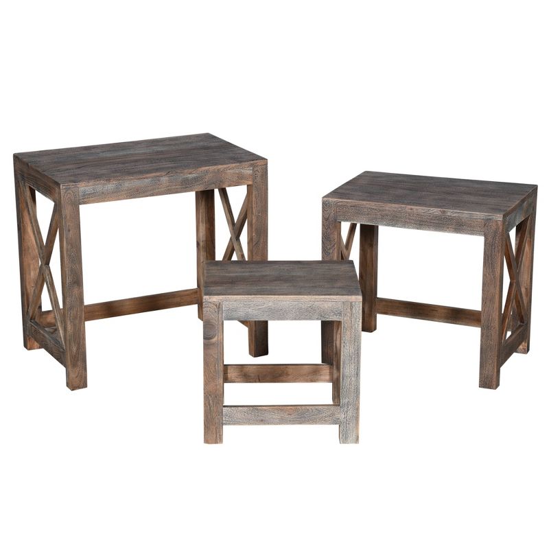 Set of 3 Rustic Rectangular Farmhouse Mango Wood Nesting Tables with X Side Panels Brown - The Urban Port
