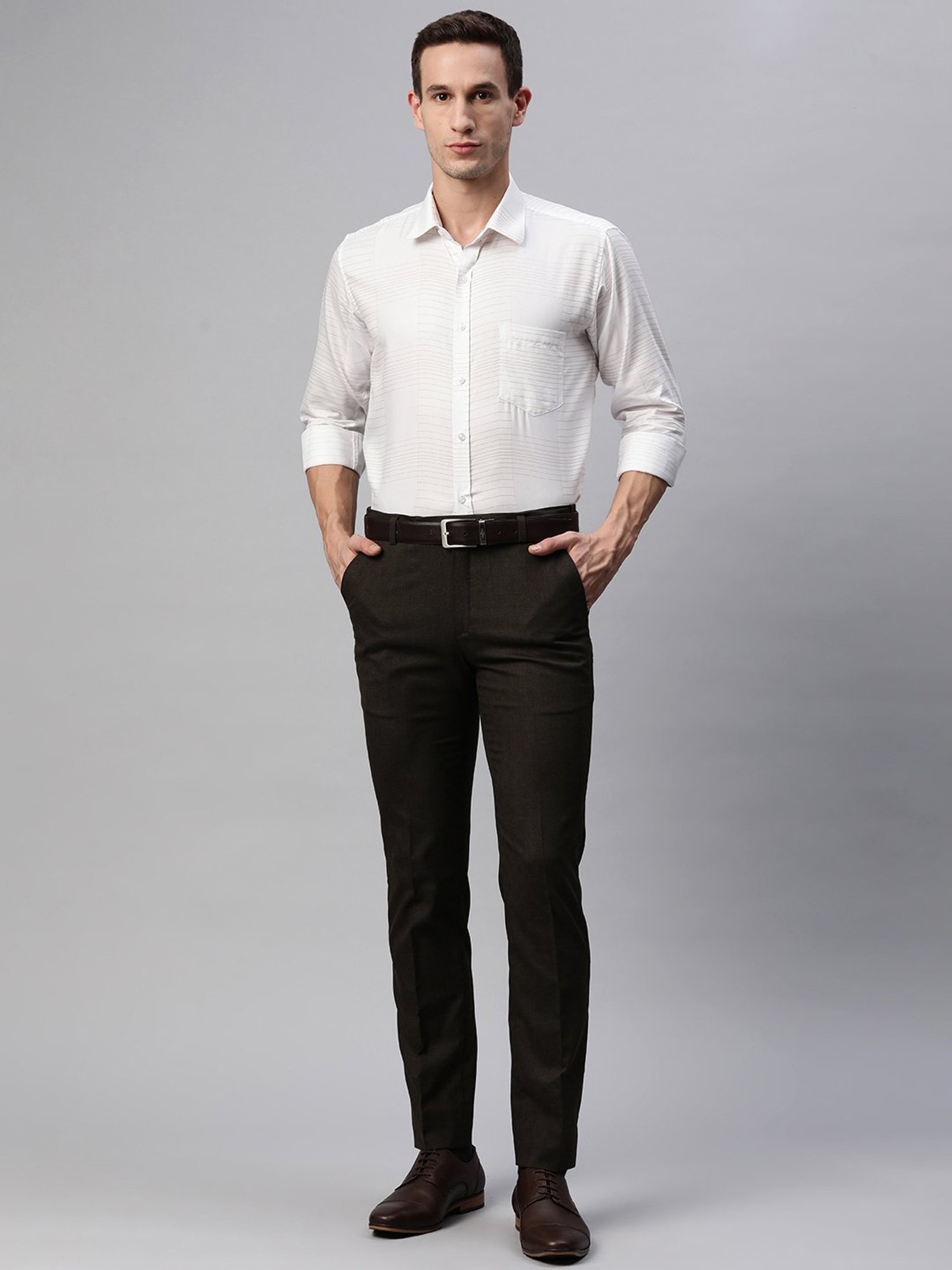 ManQ White & Beige Regular Fit Striped Shirt