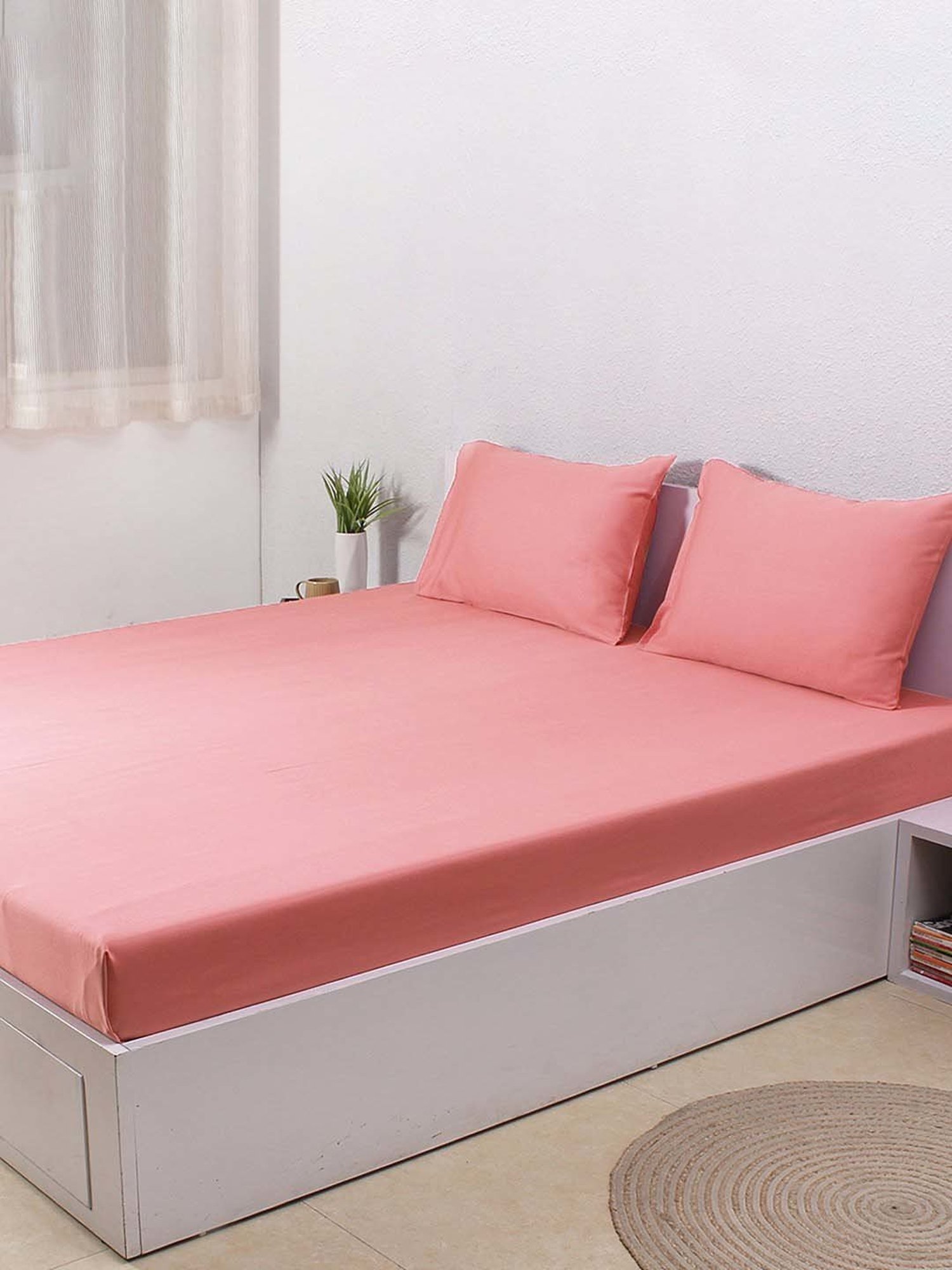 House This Shell Pink 150 TC Cotton Double Bedsheet with 2 Pillow Covers