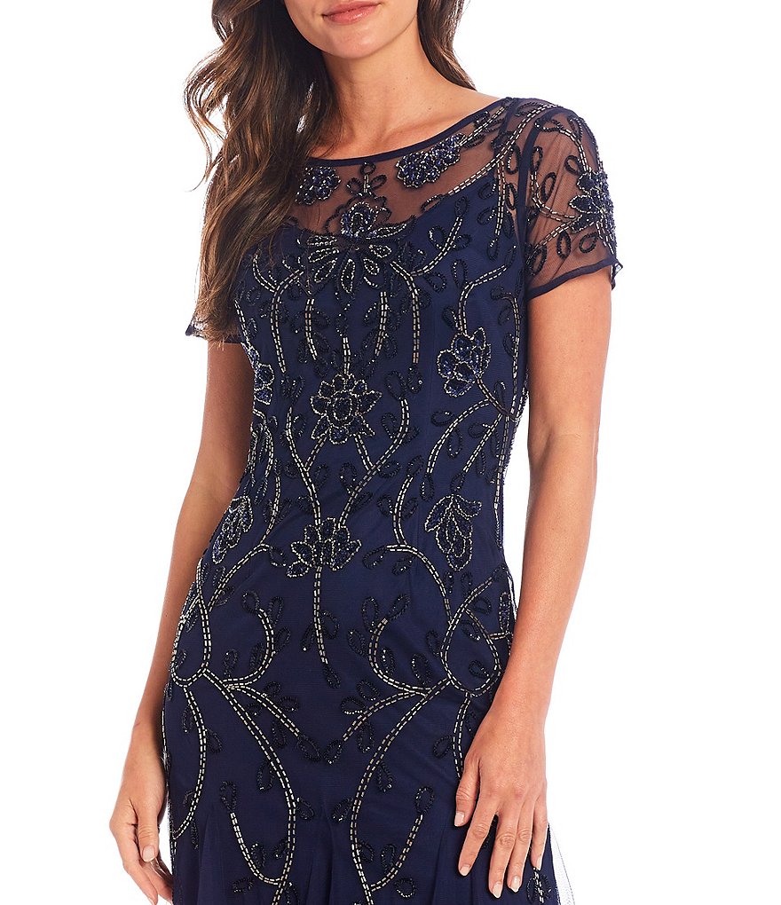 Adrianna Papell Beaded Boat Neck Short Sleeve A-Line Long Gown