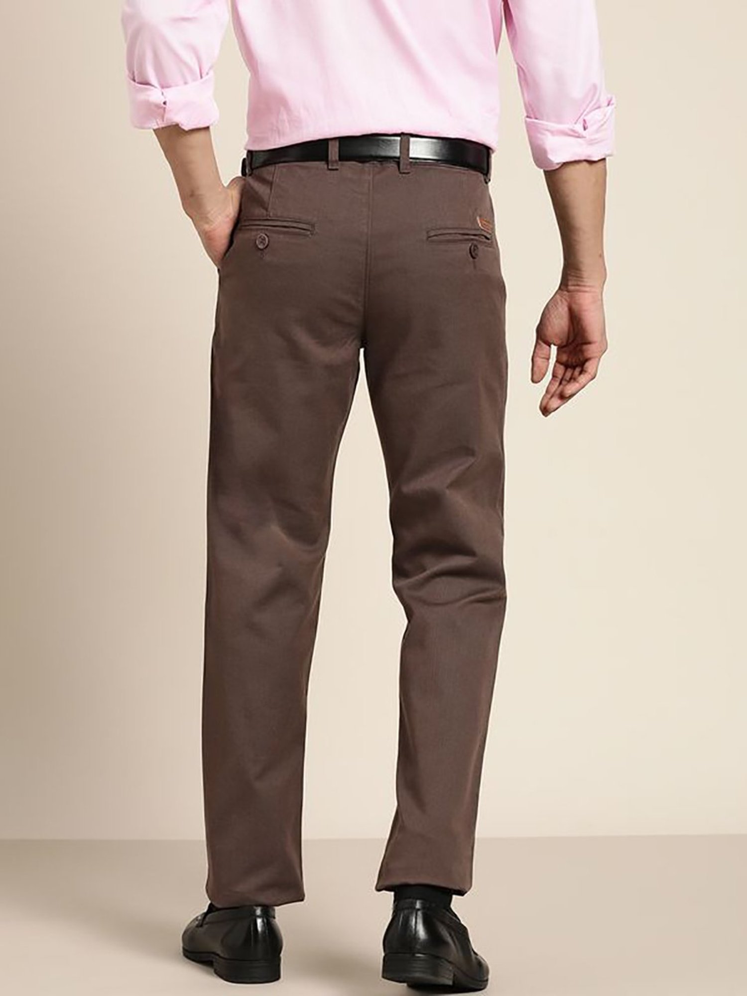 Hancock Brown Cotton Slim Fit Solid Trousers
