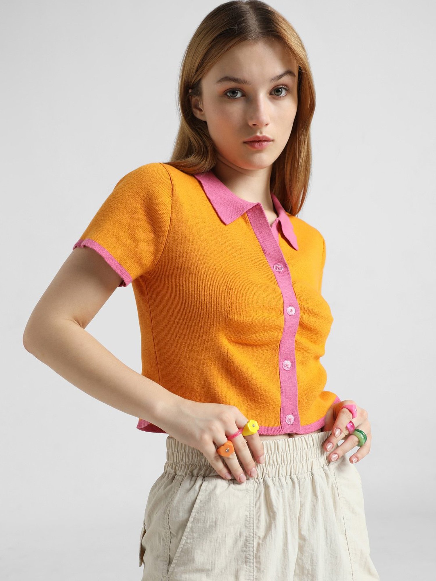 Only Orange Cotton Regular Fit Polo T-Shirt
