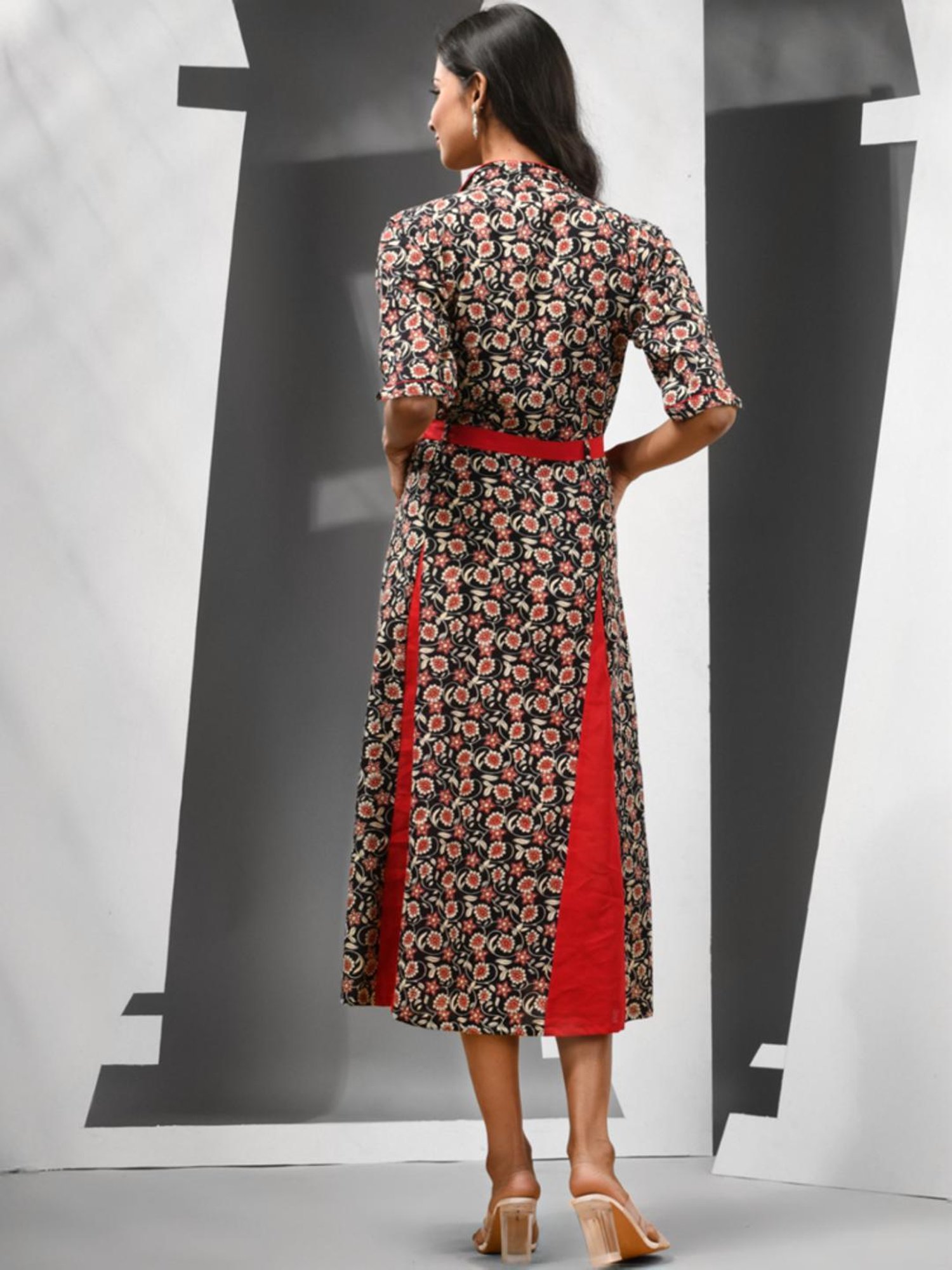 Charukriti Black Cotton Floral Print A-Line Dress