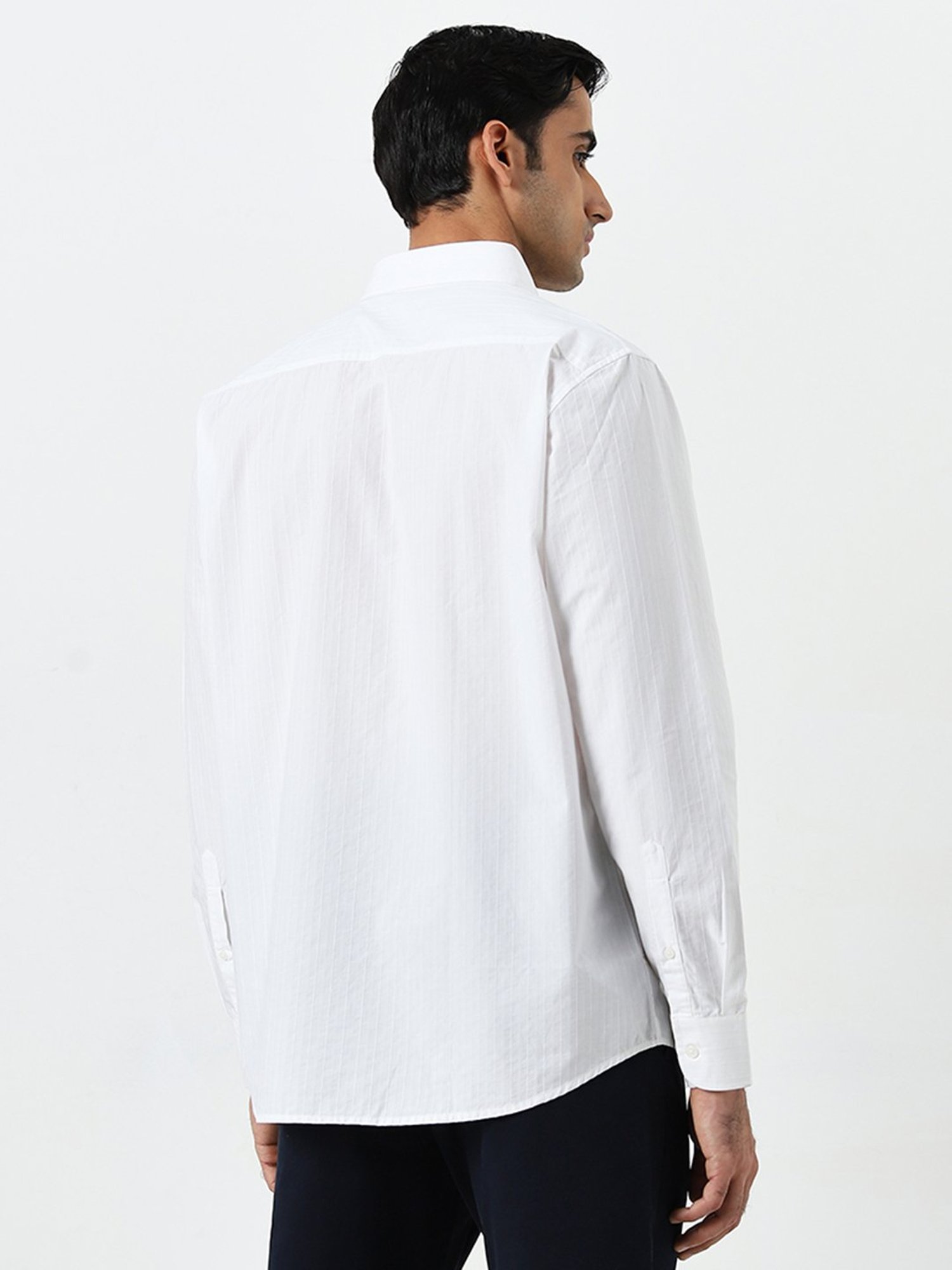 Ascot by Westside White Textured Stripes Relaxed-Fit Cotton Shirt