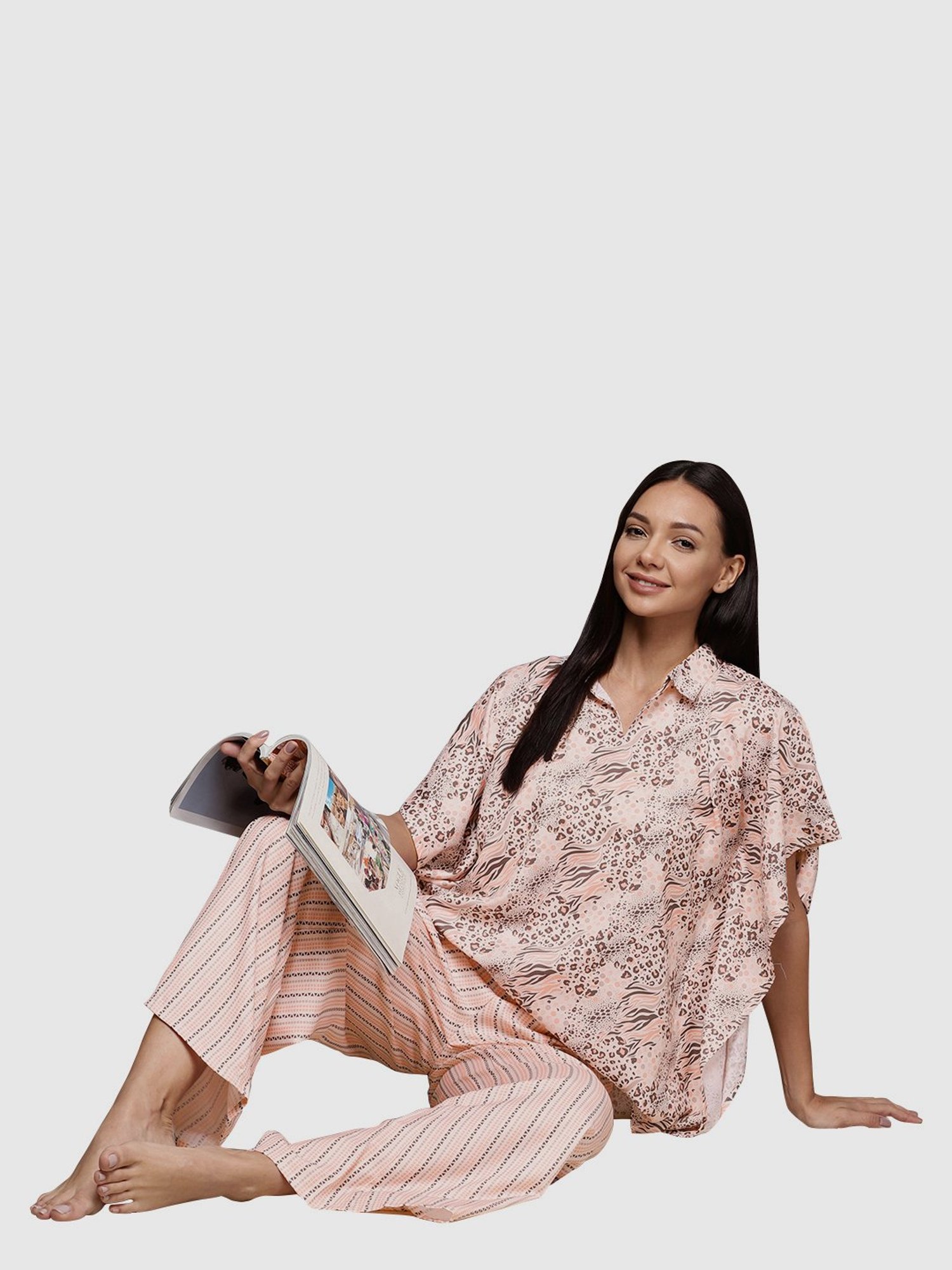 Ziyaa Pink Printed Kaftan Pyjama Set