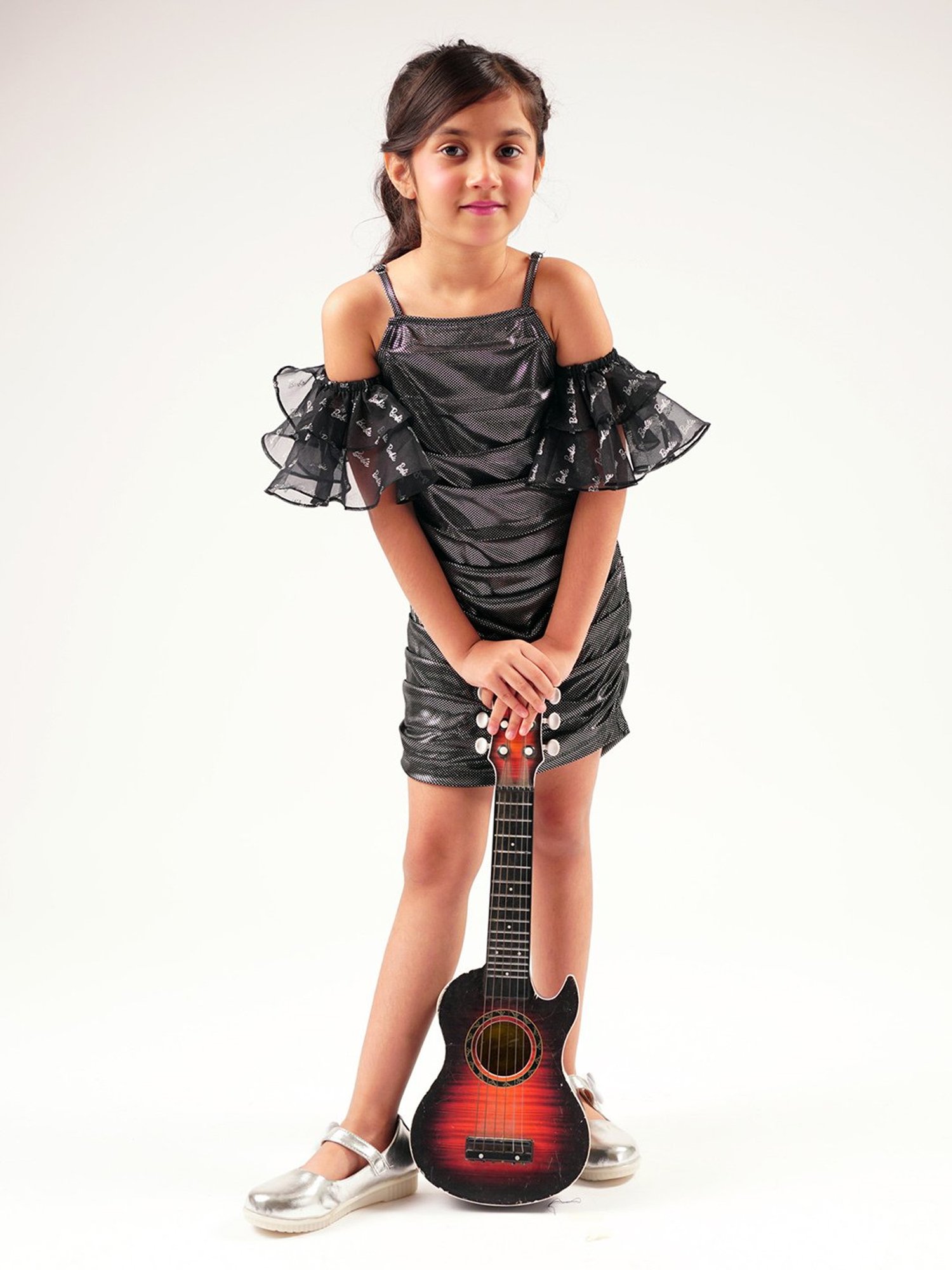 Lil Drama Kids Black Printed Dress with Detachable Sleeves