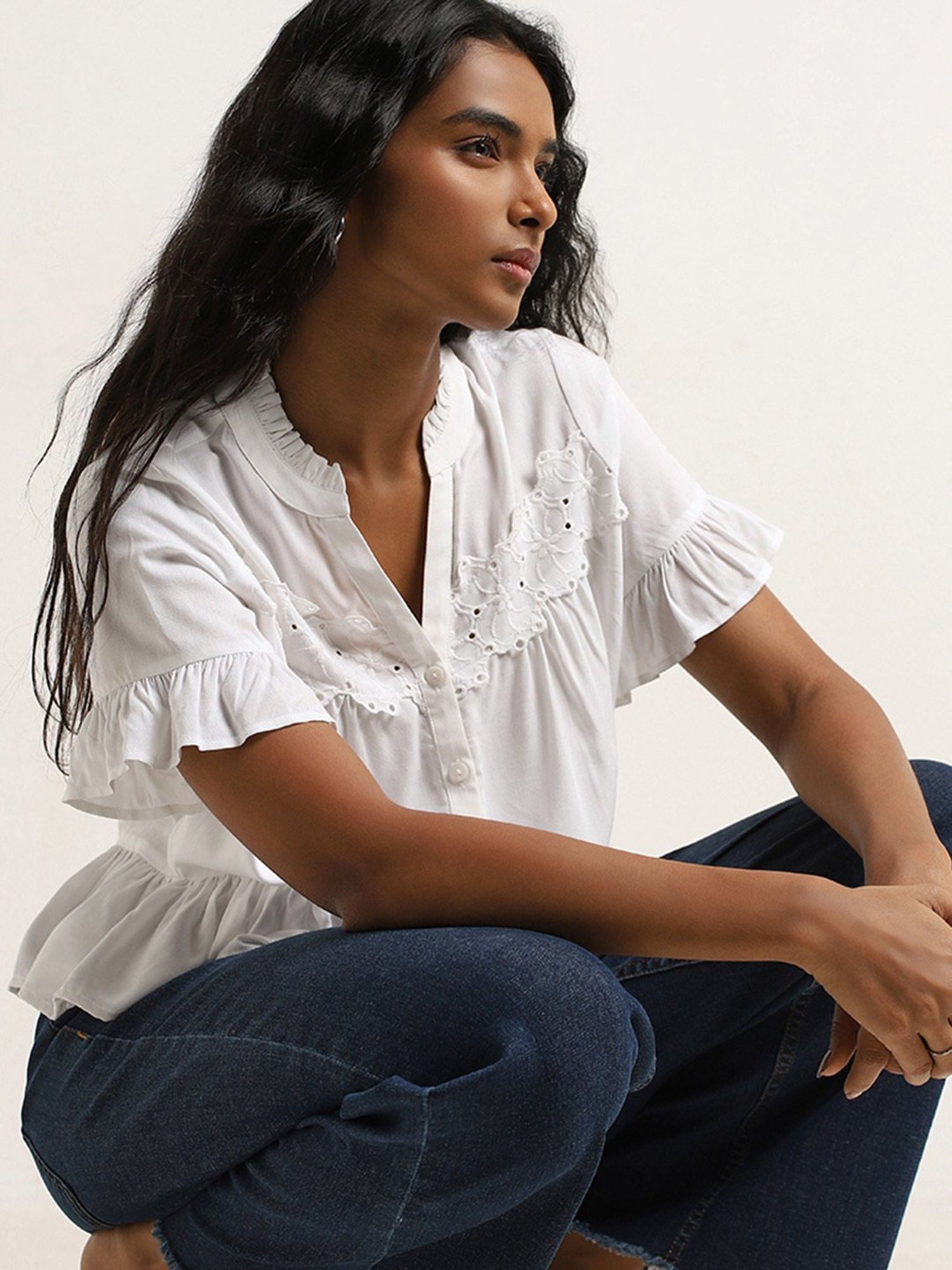 LOV by Westside White Floral Embroidered Blouse