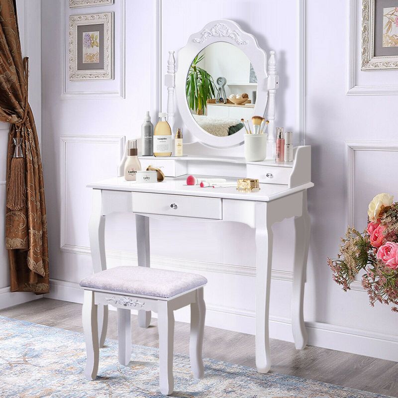 Costway White Vanity Wood Makeup Dressing Table Stool 3 Drawer