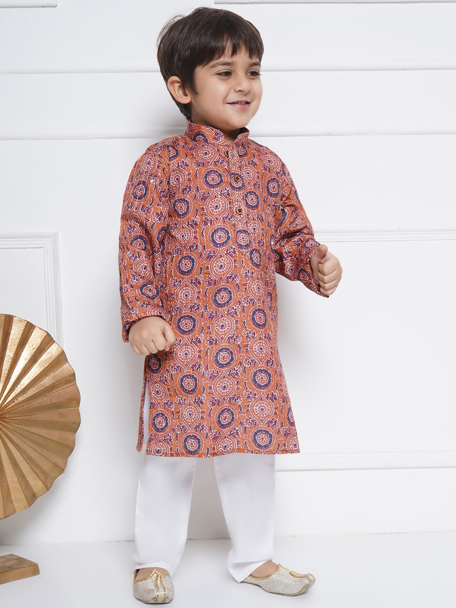 AJ Dezines Kids Orange & White Printed Full Sleeves Kurta with Pyjamas