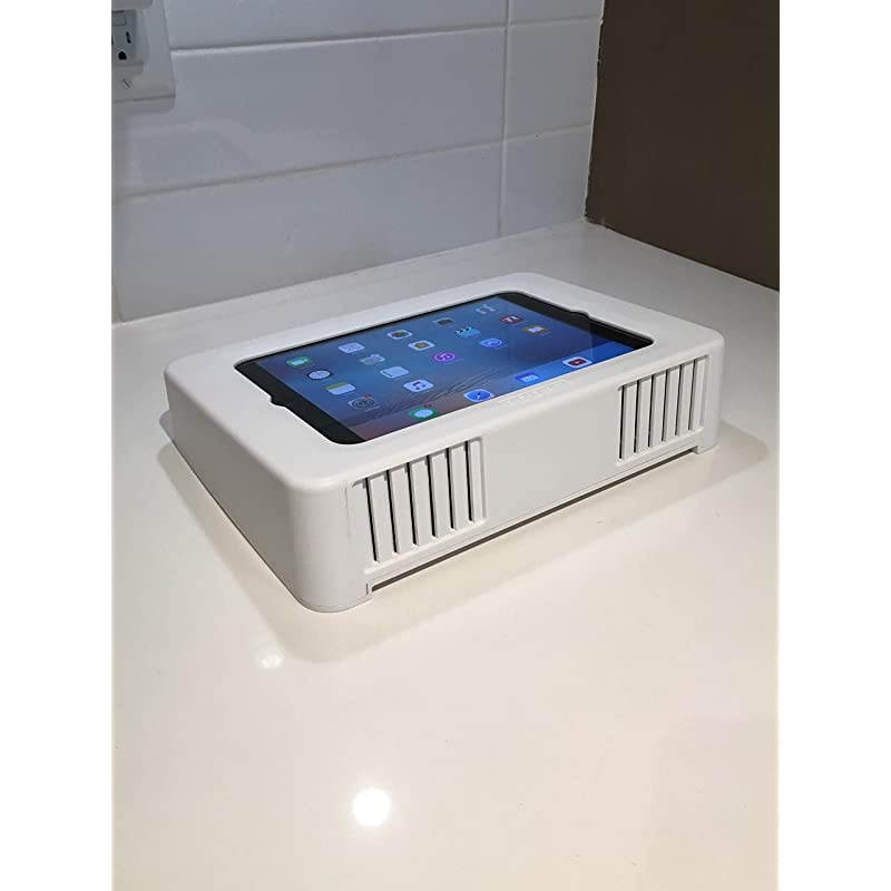 Wall Mount for 10" iPad Includes TWS Wireless Ear Buds, Dual Chargers and Cables, Easy Damage-Free Installation, Hides Outlet - Chalk White