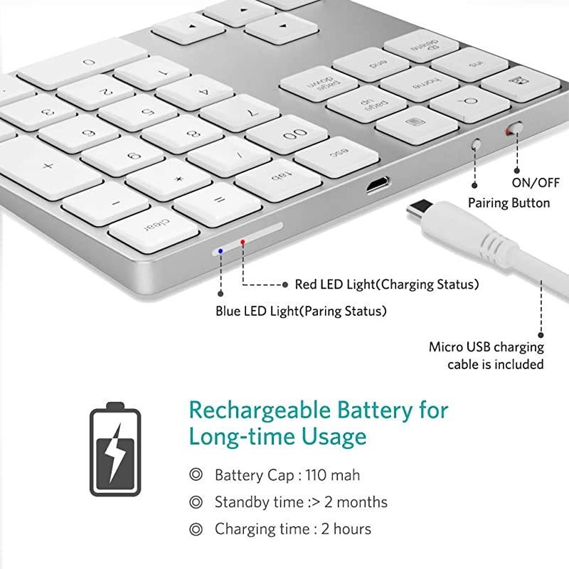 Numeric Keypad Portable Wireless 34Key External Number pad with Multiple Shortcuts for Computer Laptop Windows Surface Compatible with Apple iMac Mackbook iPad White