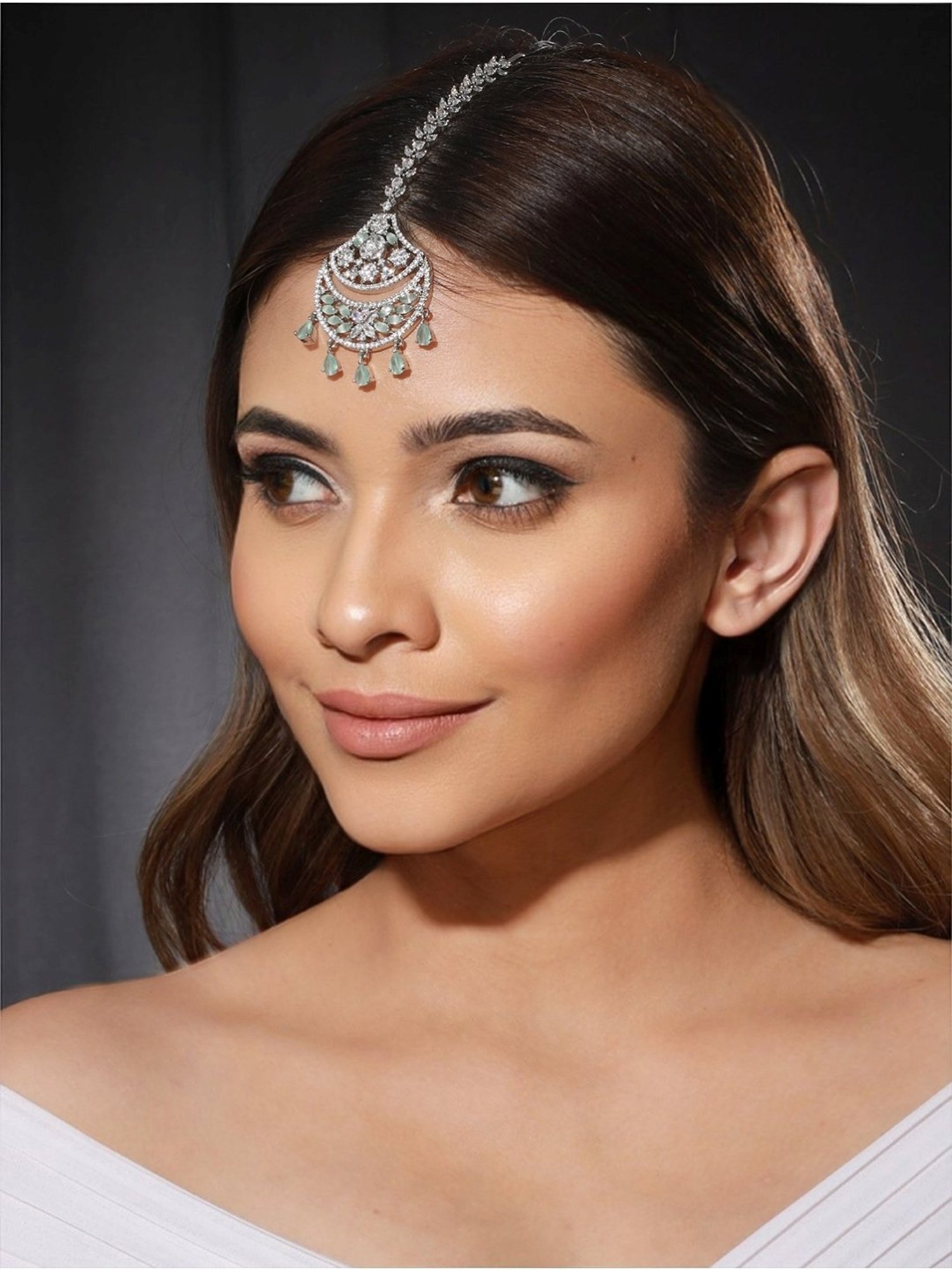 Priyaasi Mint Green Floral American Diamond Silver-Plated Maangtikka