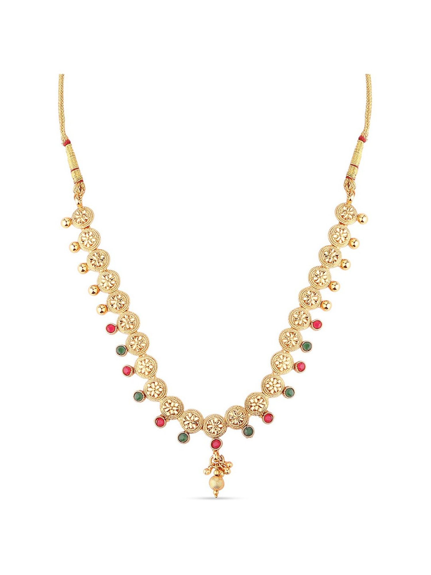 Fida Ethnic Gold-Plated Red & Green Stone Studded Floral & Ghungroo Temple Necklace Set for Women