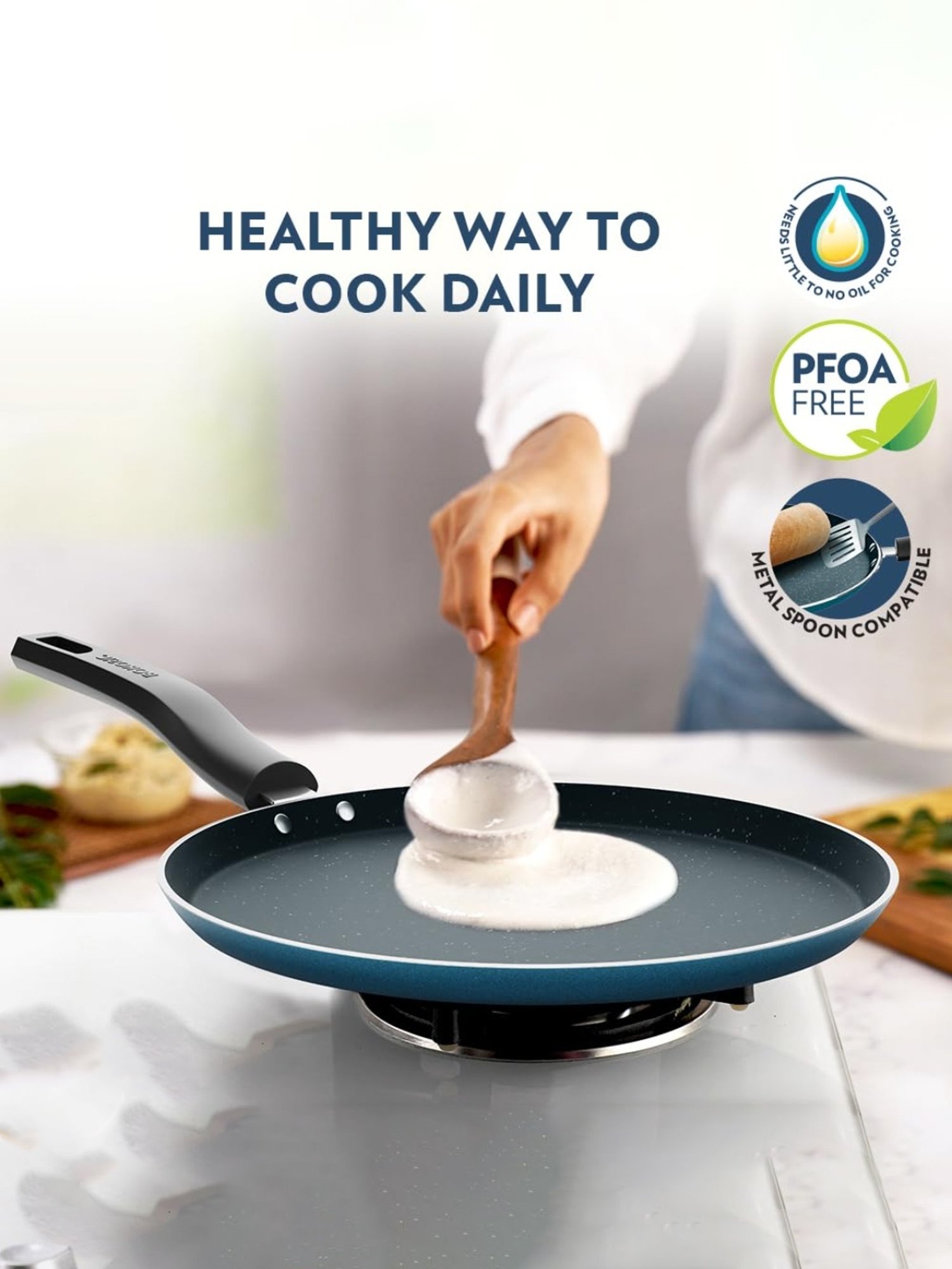 Borosil Aluminium 25 cm Induction Non-Stick Tawa with Wood-Finish Handle (Blue)