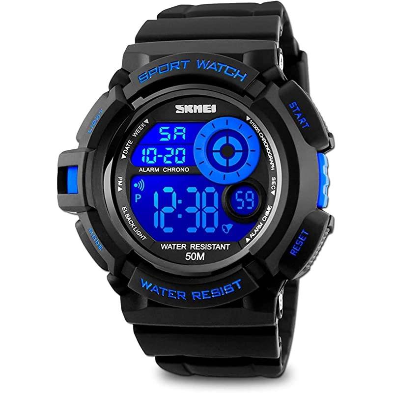 Mens Sport Running Watch Digital Electronic 50M Waterproof Military Army Sports LED Wristwatch Water Resistant with Stopwatch Unique Dial 7 Color Changeable Backlight Blue