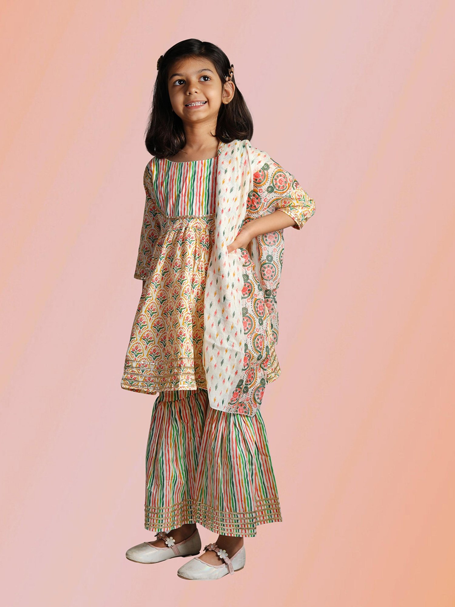 Tippy Top Kids Multicolor Floral Print Kurta, Sharara with Dupatta