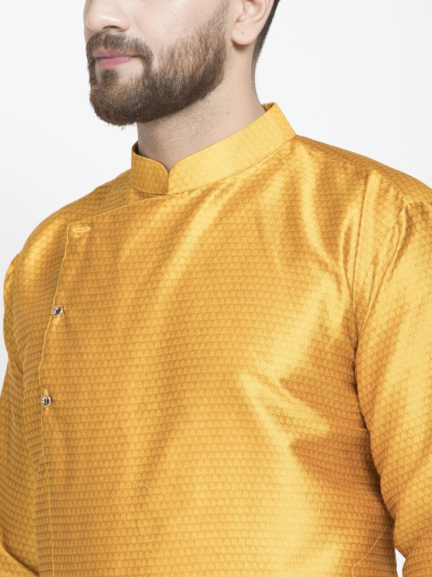 Benstoke Mustard & White Regular Fit Self Pattern Kurta Set