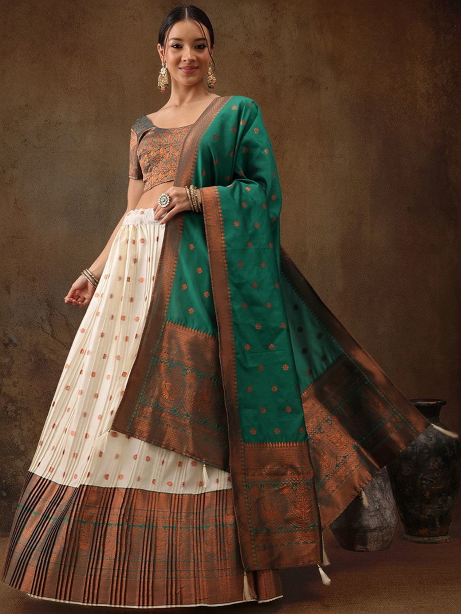 Silk Land Beige & Green Woven Pattern Semi Stitched Lehenga Choli Set With Duppata